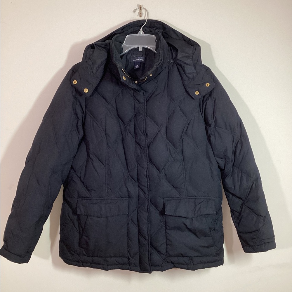 Lands' End Wmns 1X 16W 18W Coat Black Goosedown Jacket Diamond Quilted